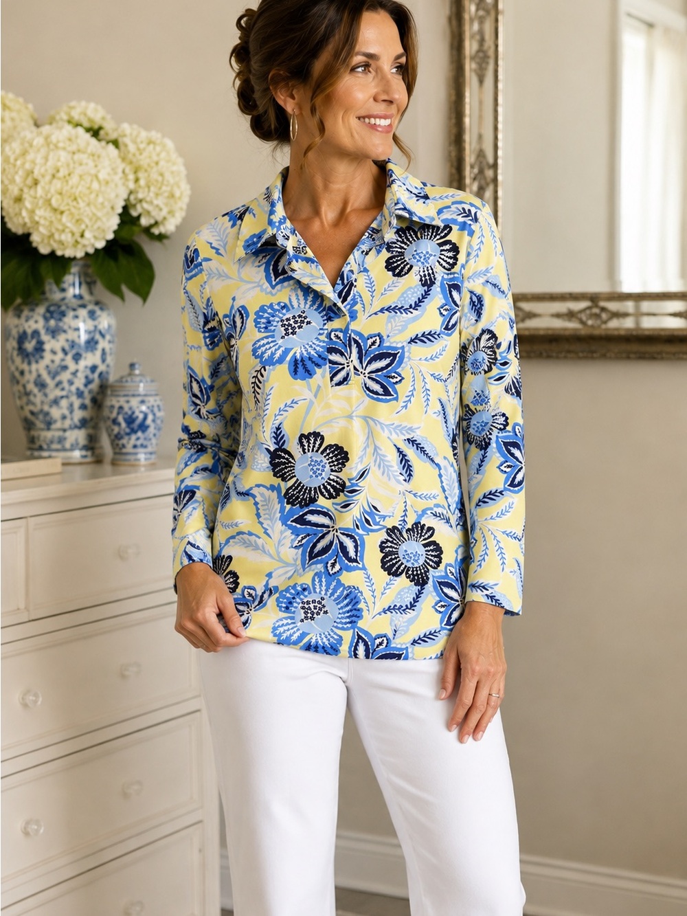 Curated | Jude Connally Blue & Yellow Floral Polo Top XL Resort Chic